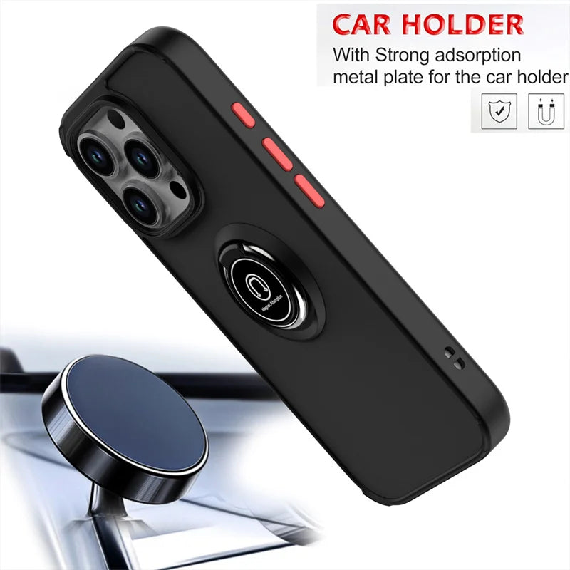 Shockproof Matte Hard PC Armor Case For iPhone 16 15 14 13 12 11 Pro Max Mini XS XR X 16e Car Magnetic Holder Ring Stand Cover