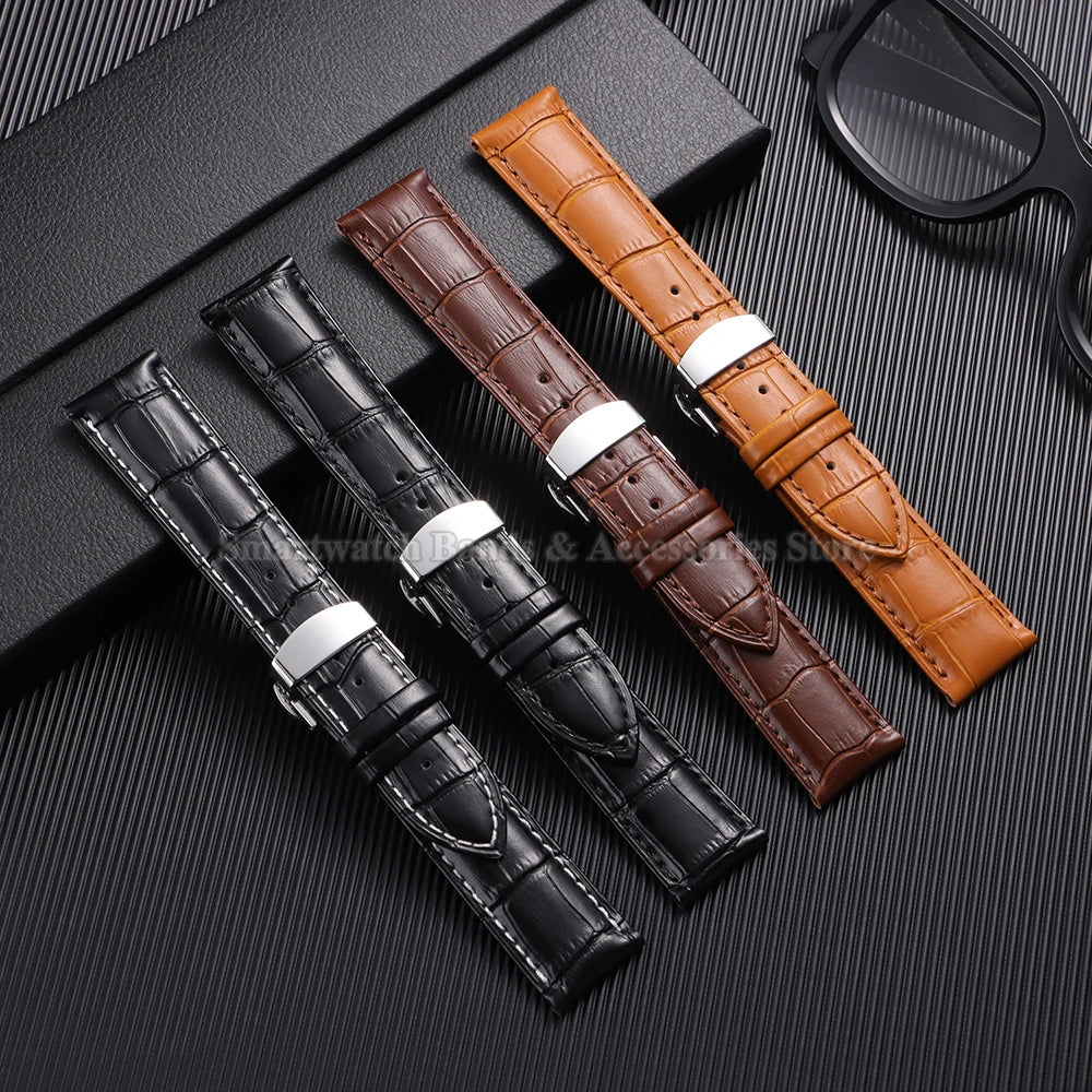 10/12/14/15/16/17/18/19/20/21/22/23/24mm Cowhide Leather Watch Strap Waterproof Sport Wrist Band Metal Butterfly Buckle Bracelet