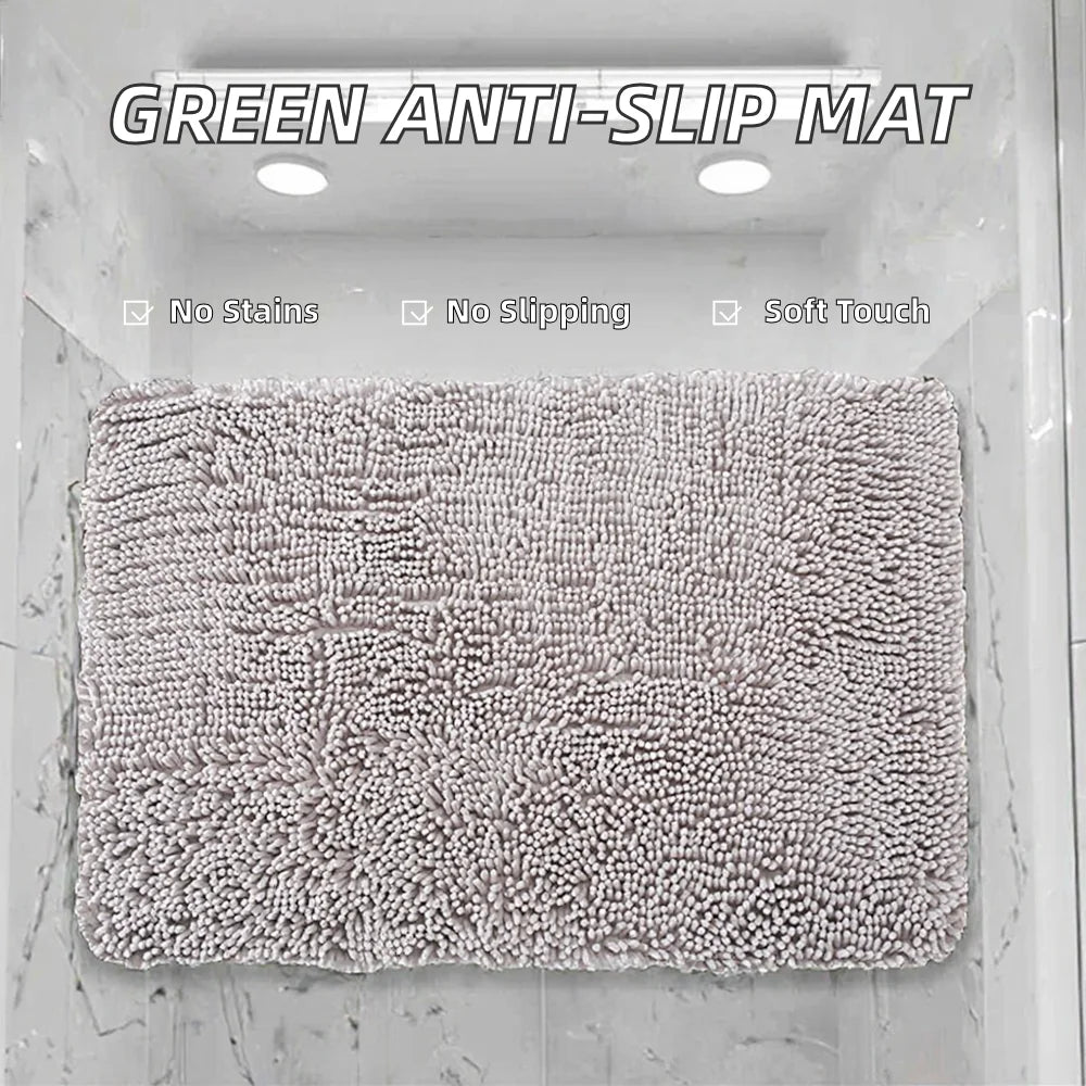 Modern Dark Green Chenille Fabric Rectangle Solid Color Bathroom Mat Waterproof Anti-Slip Stain Resistant Tufted Medium Hotel