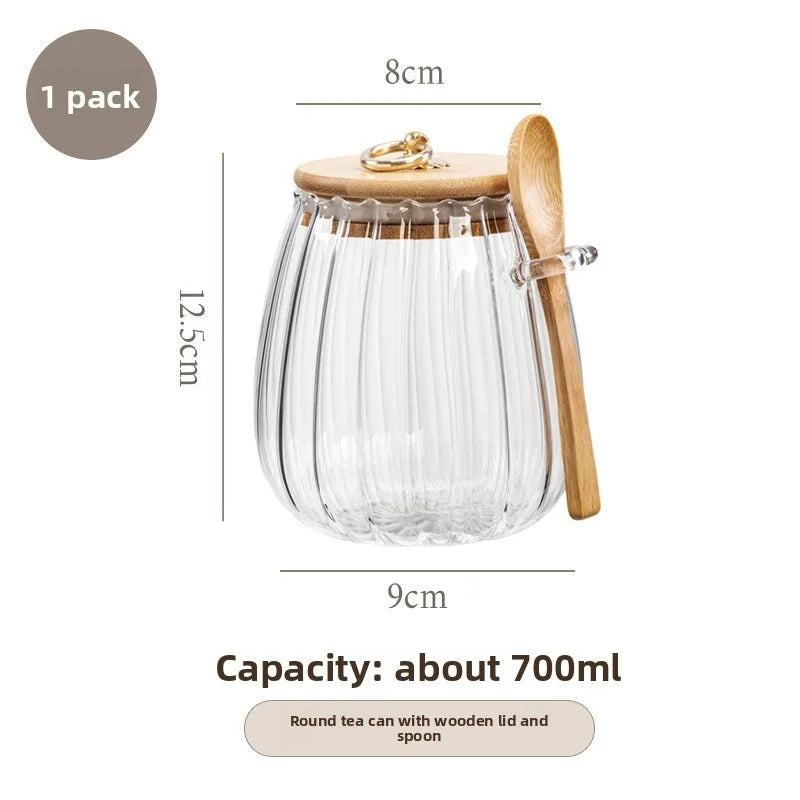 sealed glass jar with spoon and lid Clear Spice jar Small food storage container Sugar jar Tea jar Kitchen coffee jar