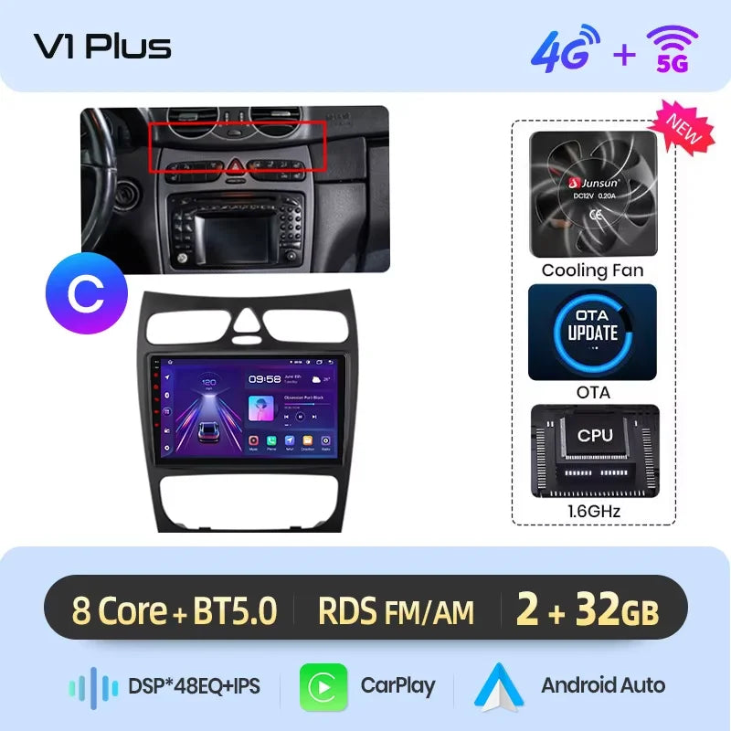 Junsun Wireless CarPlay Android Auto Car Radio For Mercedes-Benz C-Class (W203) / CLK-Class (C209/A209) 2000-2009 Built-in Cooling Fan Android GPS Navigation Multimedia Player WiFi DSP RDS BT SWC IPS Touch Screen Autoradio Vi