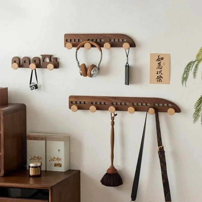 Walnut Wood Coat Racks Creative Locomotive Clothes Hook Retro Living Room Simple Wall Storage Hook Home Decoration Accessories