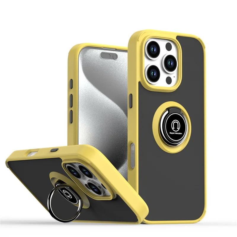 Shockproof Matte Hard PC Armor Case For iPhone 16 15 14 13 12 11 Pro Max Mini XS XR X 16e Car Magnetic Holder Ring Stand Cover