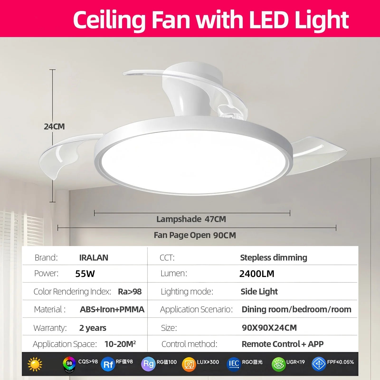 IRALAN Ceiling Lights with Fan Smart Retractable Fan Blade Home Electric Fan Dimmable with Remote Control Led Living Room Light
