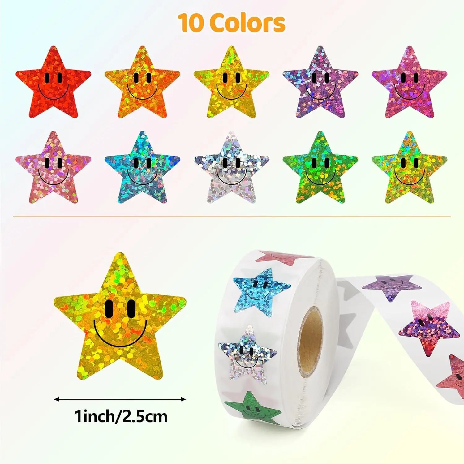 500 Pcs Smile Face Stickers Roll Laser Colorful Happy Face Sticker for Classroom Back to School Birthday Teacher Reward,1inch