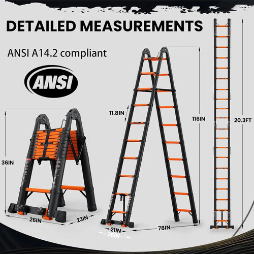 20.3 FT Telescoping A Frame Ladder, 10 Step, ANSI Certified, Type I Heavy Duty, 330lbs Max Capacity, Aluminum, Customized