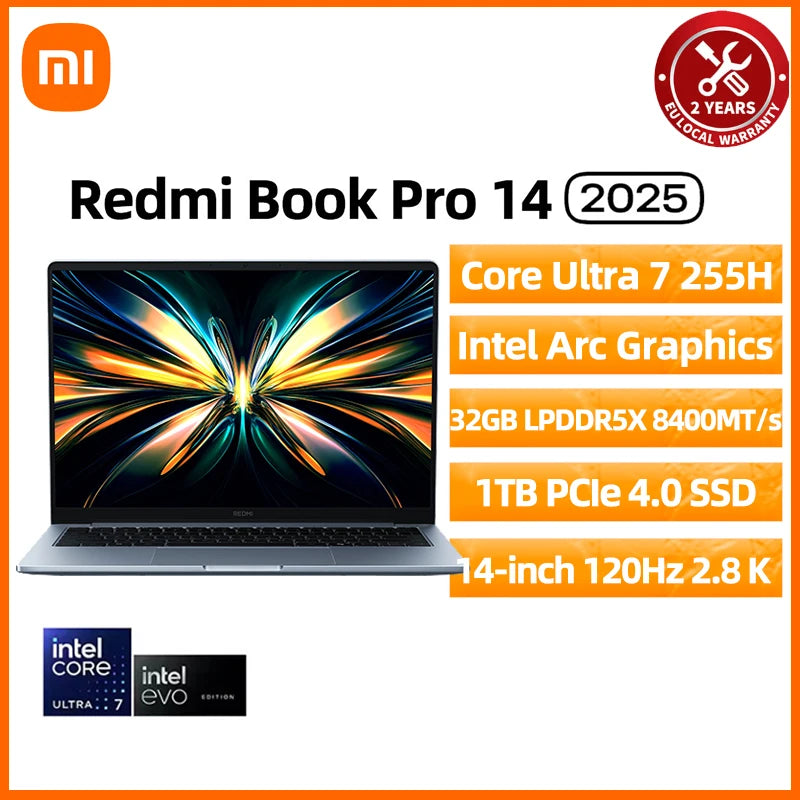 Xiaomi Laptop Redmi Book Pro 14 2025 Ultra 7 255H/Ultra 5 225H Intel Arc Graphics 32GB LPDDR5X 1T SSD 14-inch 120Hz 2.8K Screen