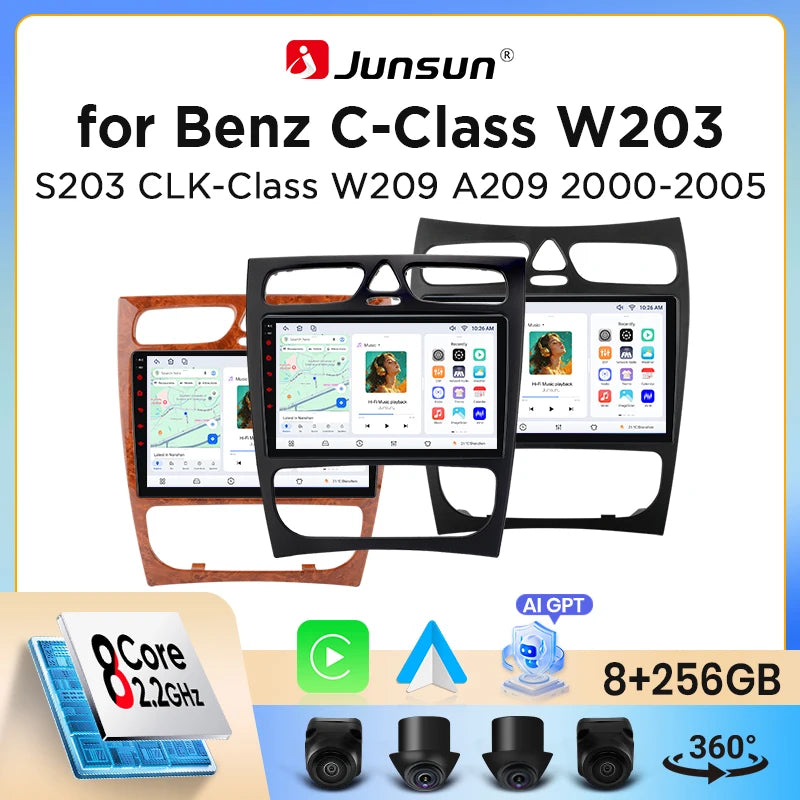Junsun Wireless CarPlay Android Auto Car Radio For Mercedes-Benz C-Class (W203) / CLK-Class (C209/A209) 2000-2009 Built-in Cooling Fan Android GPS Navigation Multimedia Player WiFi DSP RDS BT SWC IPS Touch Screen Autoradio Vi