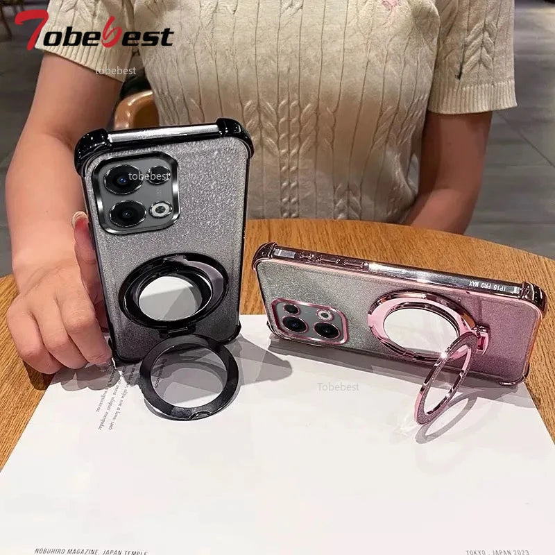 Glitter Shockproof Silicone Case For OPPO Reno 13 12 12F 11 11F 10 9 8 7 Pro Plus 4G 5G Mirror Magnetic Holder Stand Soft Cover