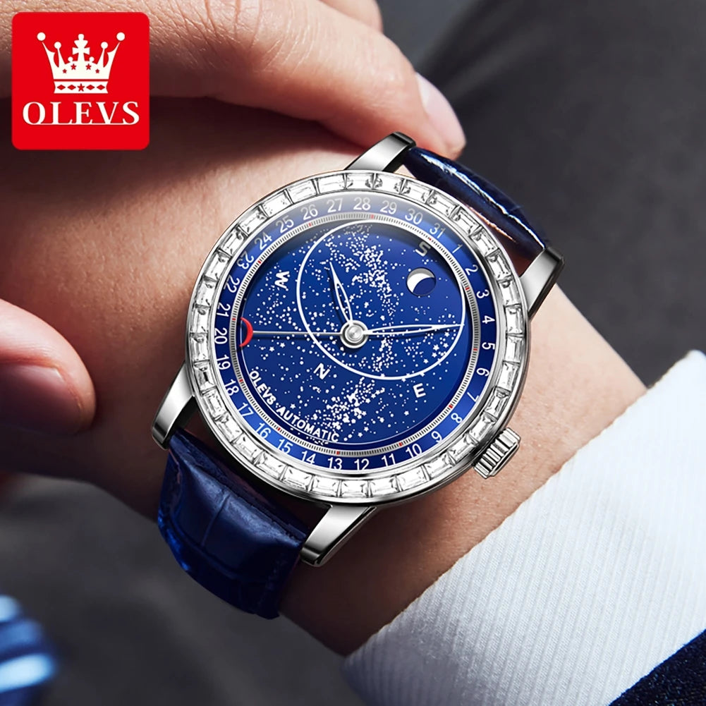 OLEVS Original Men's Automatic Mechanical Watch Fashion Business Leather Strap Luxury Diamond Starry Sky Moon Phase Men's Watch
