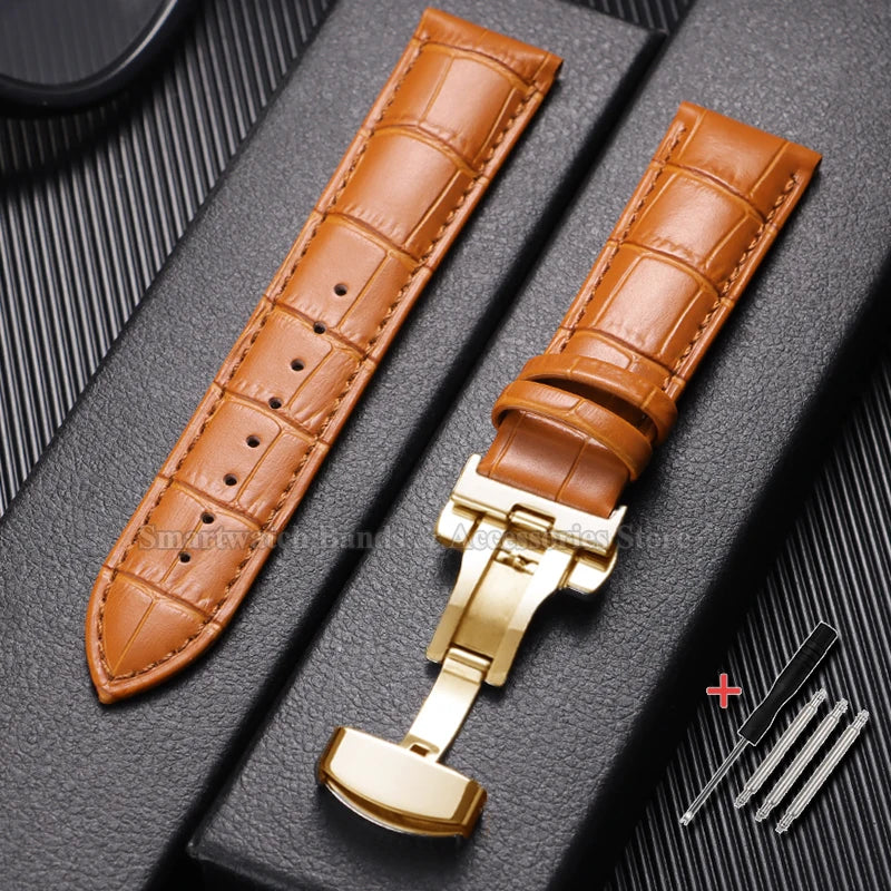 10/12/14/15/16/17/18/19/20/21/22/23/24mm Cowhide Leather Watch Strap Waterproof Sport Wrist Band Metal Butterfly Buckle Bracelet