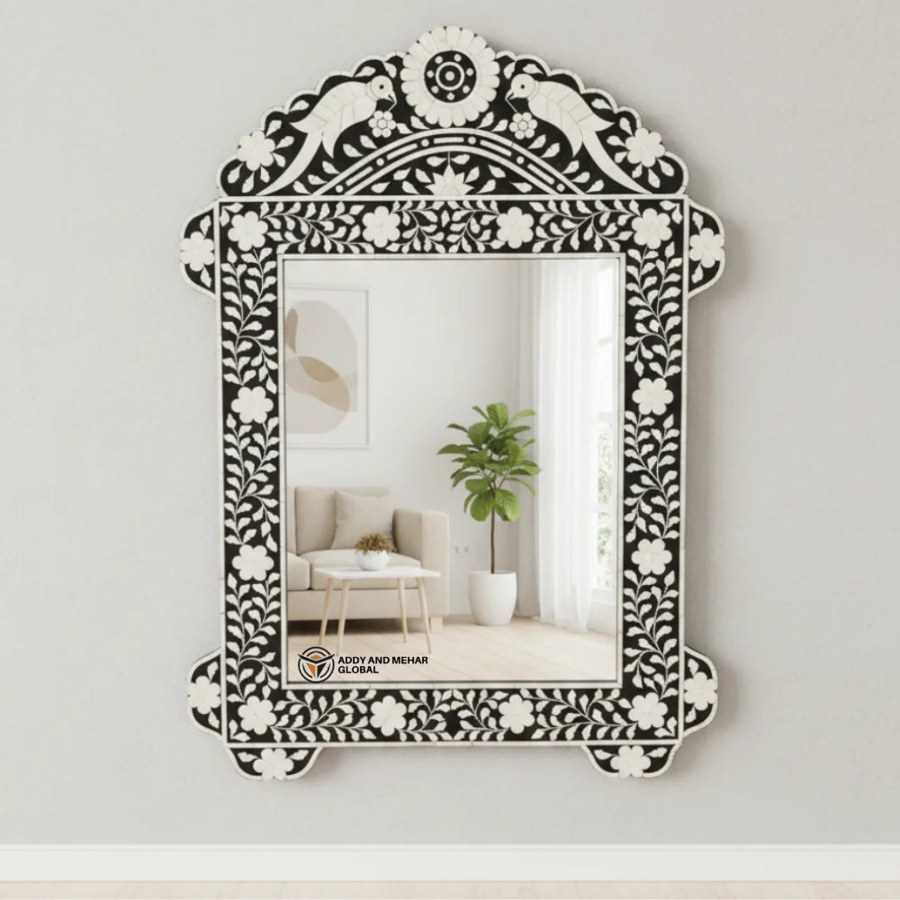Black in White Bone Inlay Art Deco Eco-Friendly Wedding Wall Mirror Elegant Handcrafted Designer Mirror