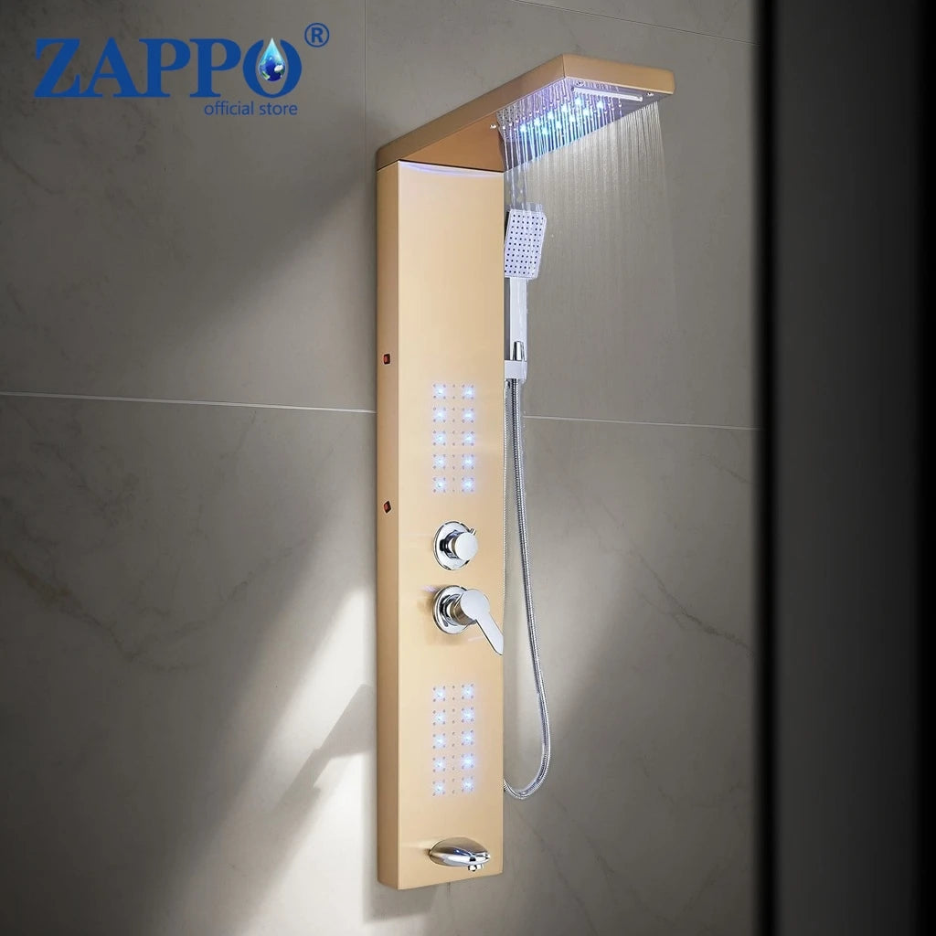 ZAPPO Shower Panel Tower System with LED Rainfall Waterfall Head LED Full Body Jets System Handheld Shower Column w/Tub Spout