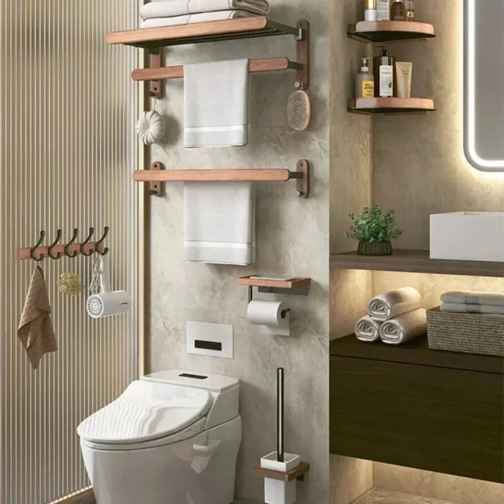 Walnut Wood Black Bathroom Hardware Set Bathroom towel rack Towel Rack Toilet Paper Holder Towel Bar Shelf  Bathroom Accessories