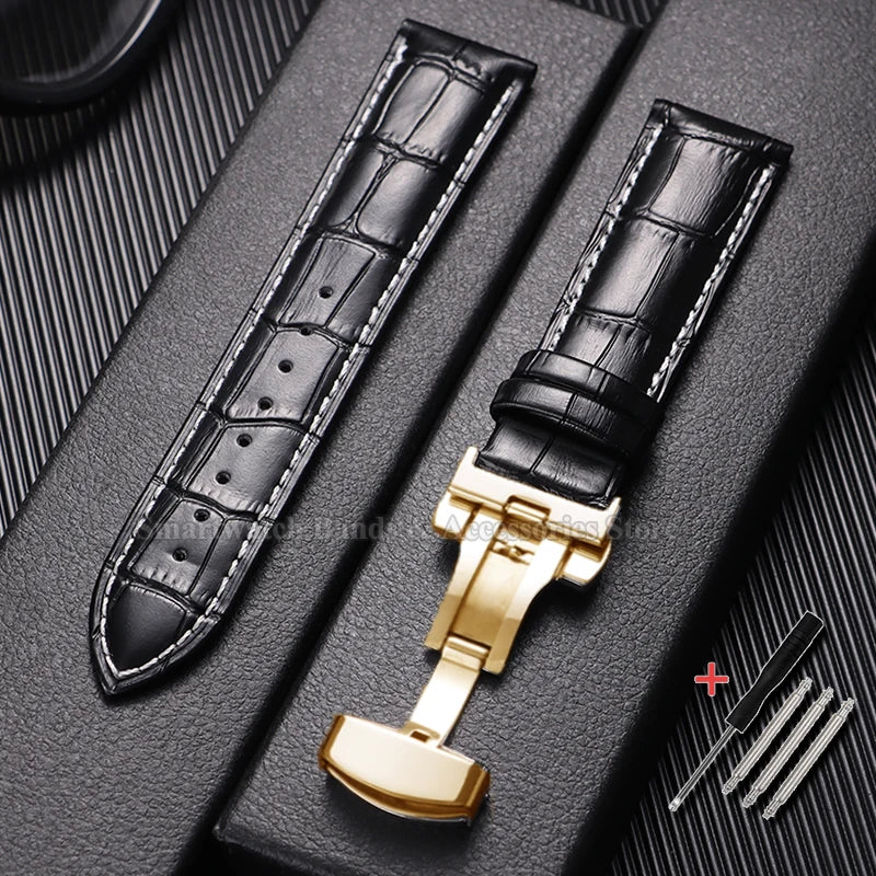 10/12/14/15/16/17/18/19/20/21/22/23/24mm Cowhide Leather Watch Strap Waterproof Sport Wrist Band Metal Butterfly Buckle Bracelet