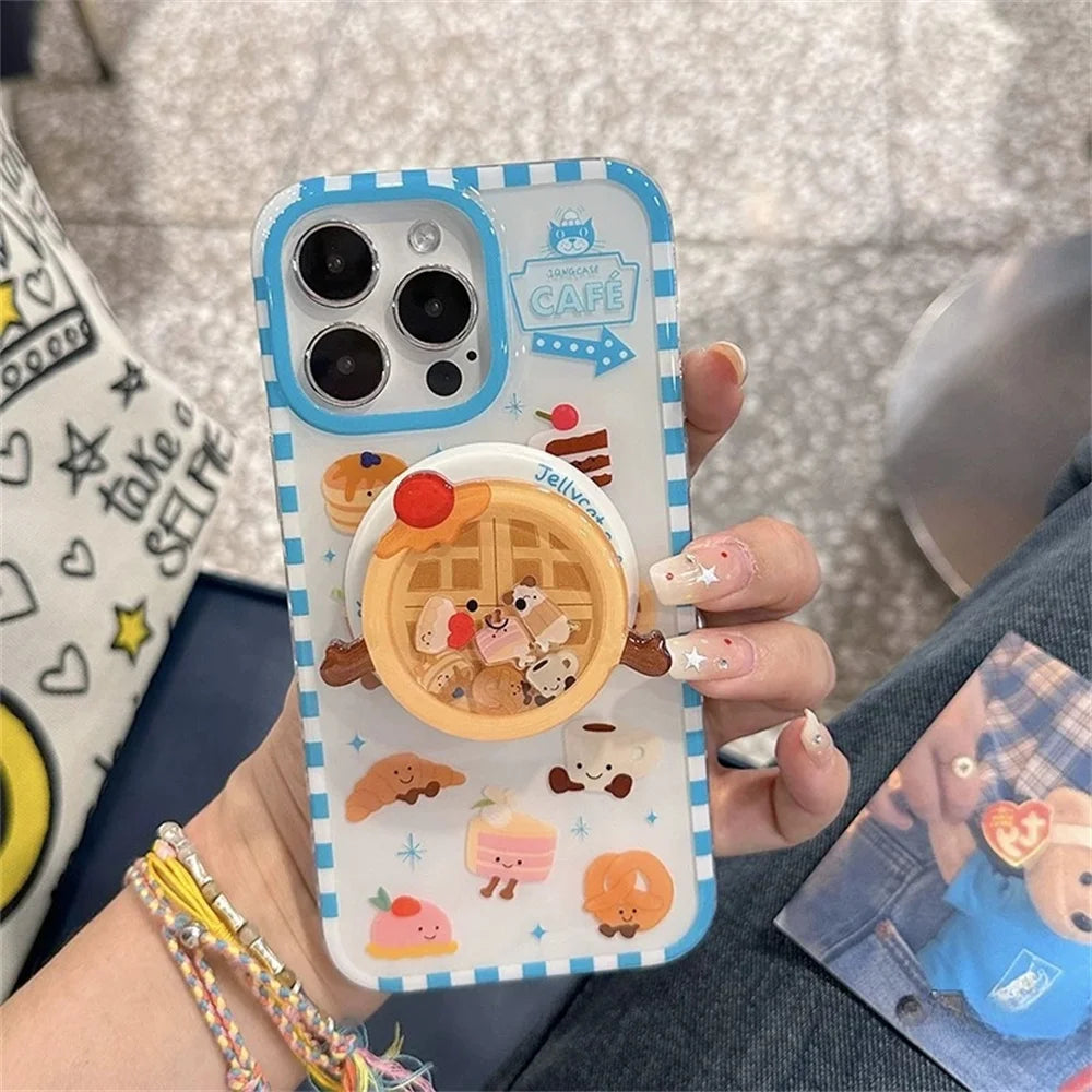 Cute Cartoon Cake Bread Magsafe Wireless Charge Case For iPhone 13 14 15 16 17Pro Max Plus 3d Funny Waffle Shake Magnetic Holder