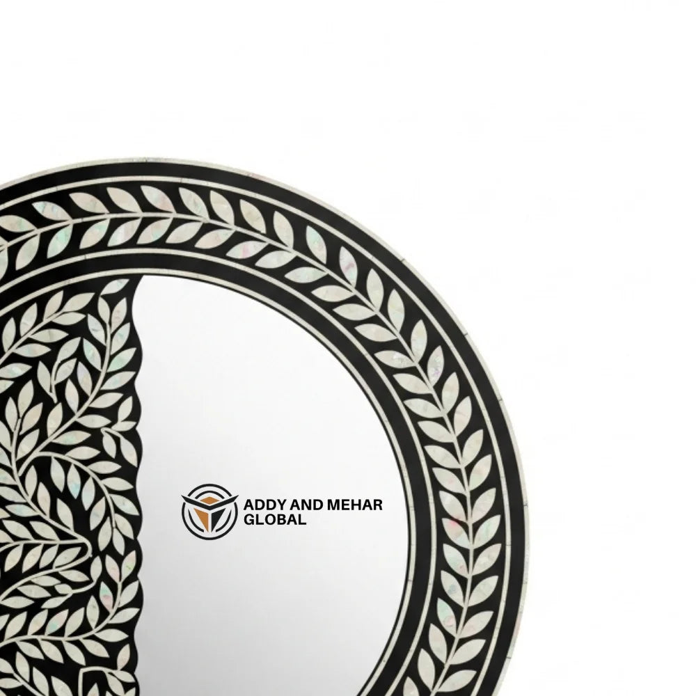 Luxury Round Mother of Pearl Inlay Handmade Shell Wall Mirror with Black Frame Art Deco Design Eco-Friendly Decorative