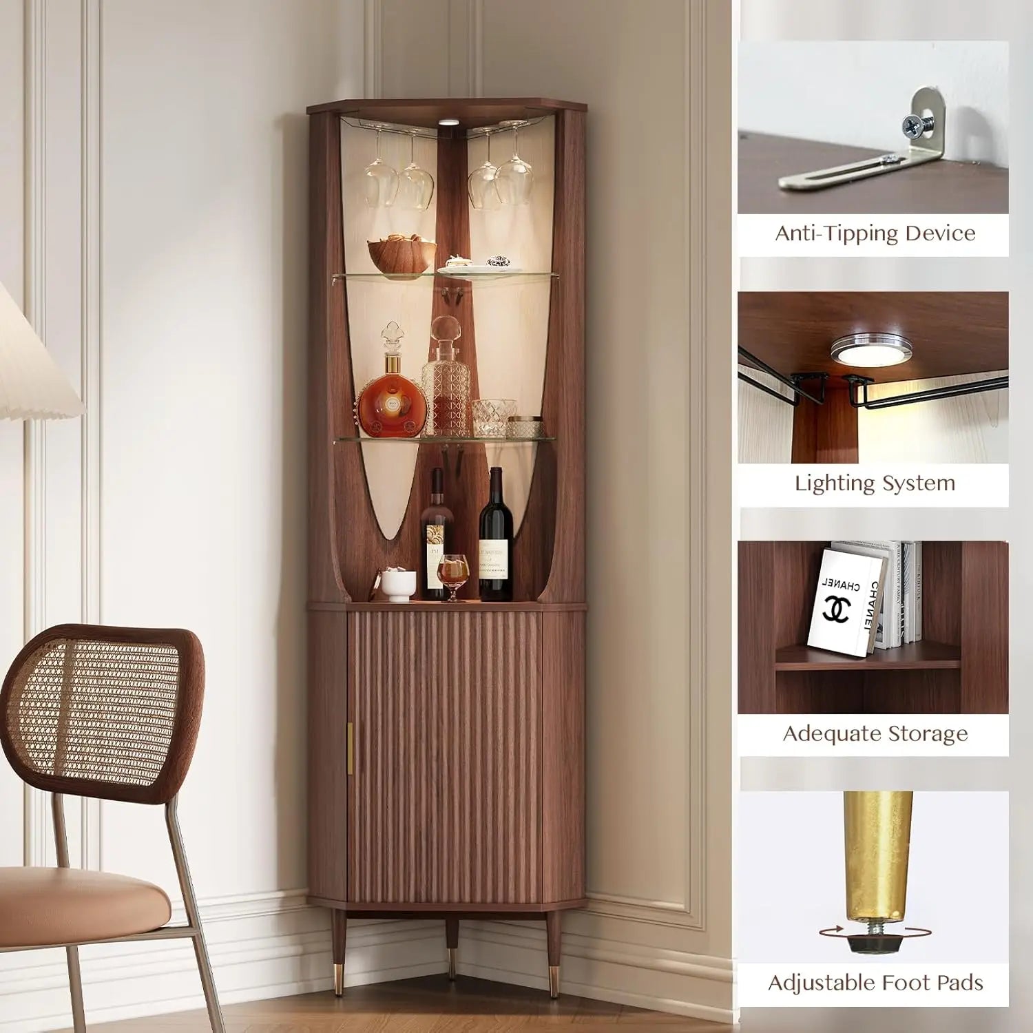 70" Tall Corner Bar Cabinet, Mid-Century Modern Fluted Storage Cabinet with Glass Shelves, Door & LED Lighting,, Customized