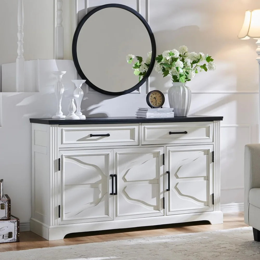 Large 55 Buffet Sideboard Cabinet with 3 Doors and 2 Drawers - Dining Room Storage for Wine and Coffee Bars