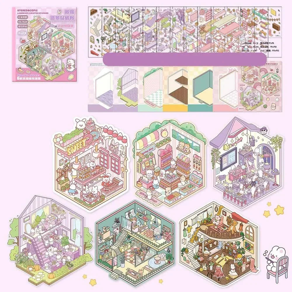New Cartoon 3D Landscape Sticker Book Three-dimensional DIY Cabin Scene Pocket Sticker Miniature Scene Book Student Kid Child