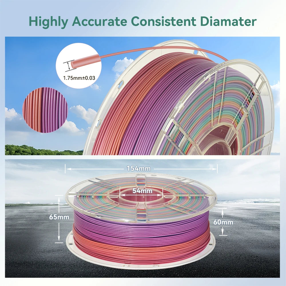 KINGROON Silk PLA Plastic 1kg 1.75mm, New Multicolor Gradient 3D Printer Filament Rainbow PLA Color Chnage, Transparent Spool