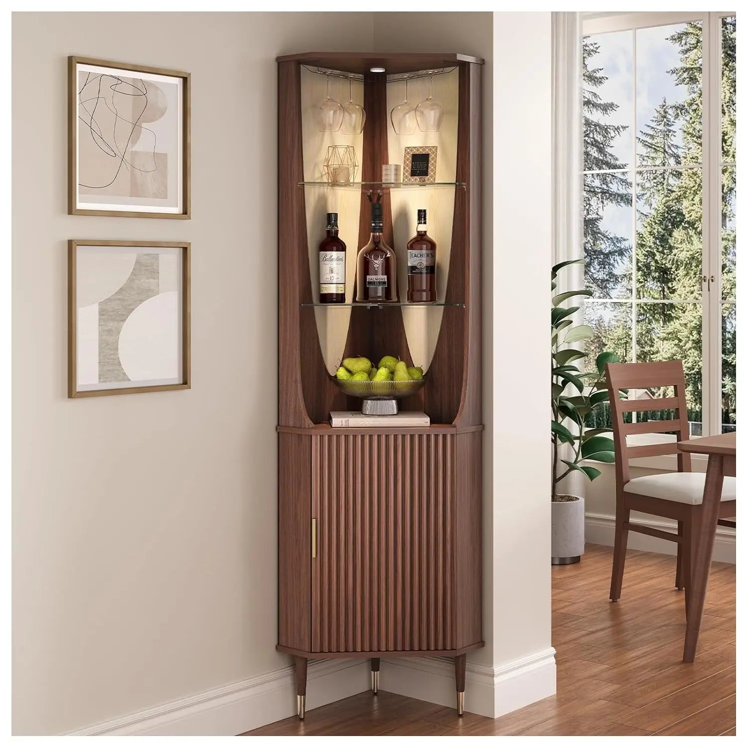 70" Tall Corner Bar Cabinet, Mid-Century Modern Fluted Storage Cabinet with Glass Shelves, Door & LED Lighting,, Customized