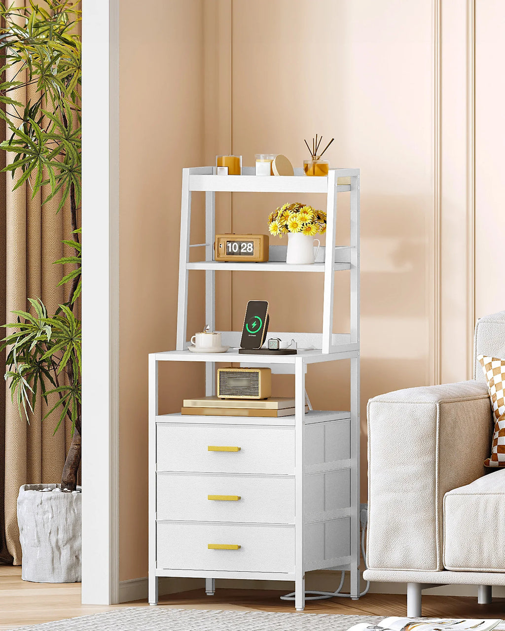 Bedside Table with Charging Function and Storage Compartment Metal 2 Sockets and 2 USB Ports Side Table with 3 Drawers Modern