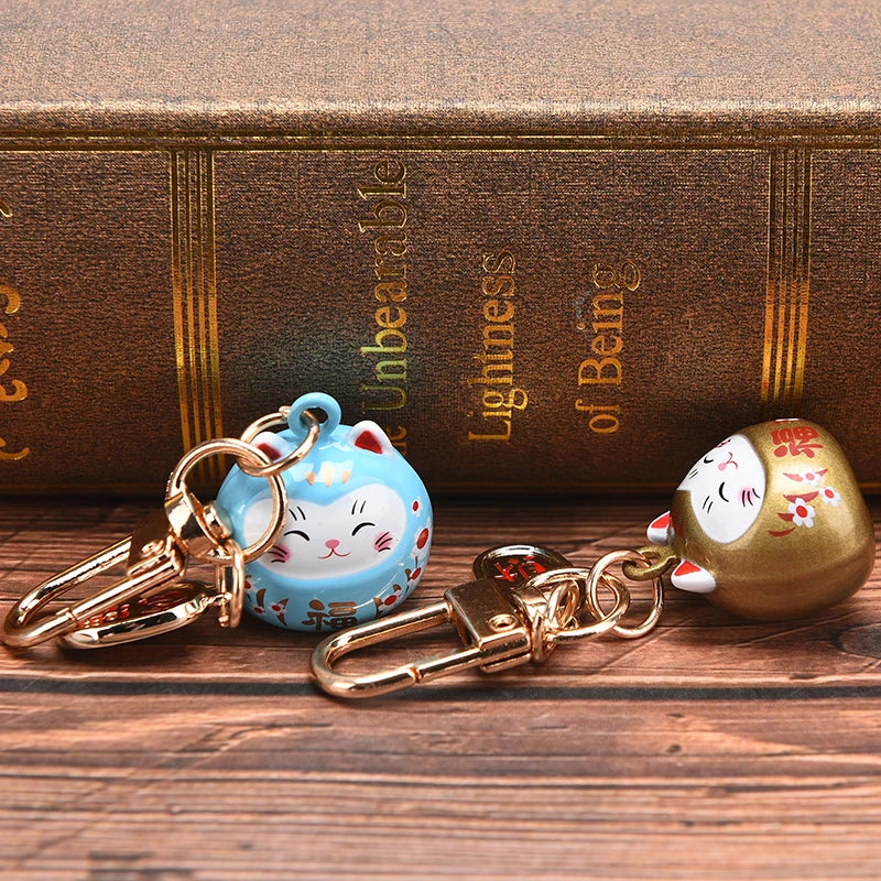New Japanese Cute Lucky Cat Bell KeyChains Car Bag Decor Water Sound Bell Pendant Charm Keys Couple Gifts Keyring Pray Keyfob