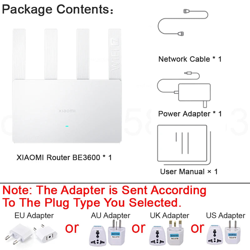 XIAOMI Router BE3600，WiFi 7 Dual-band Qualcomm Quad-core Processor，3570Mbps Dual WAN LAN VPN，Chinese Version With Adapter