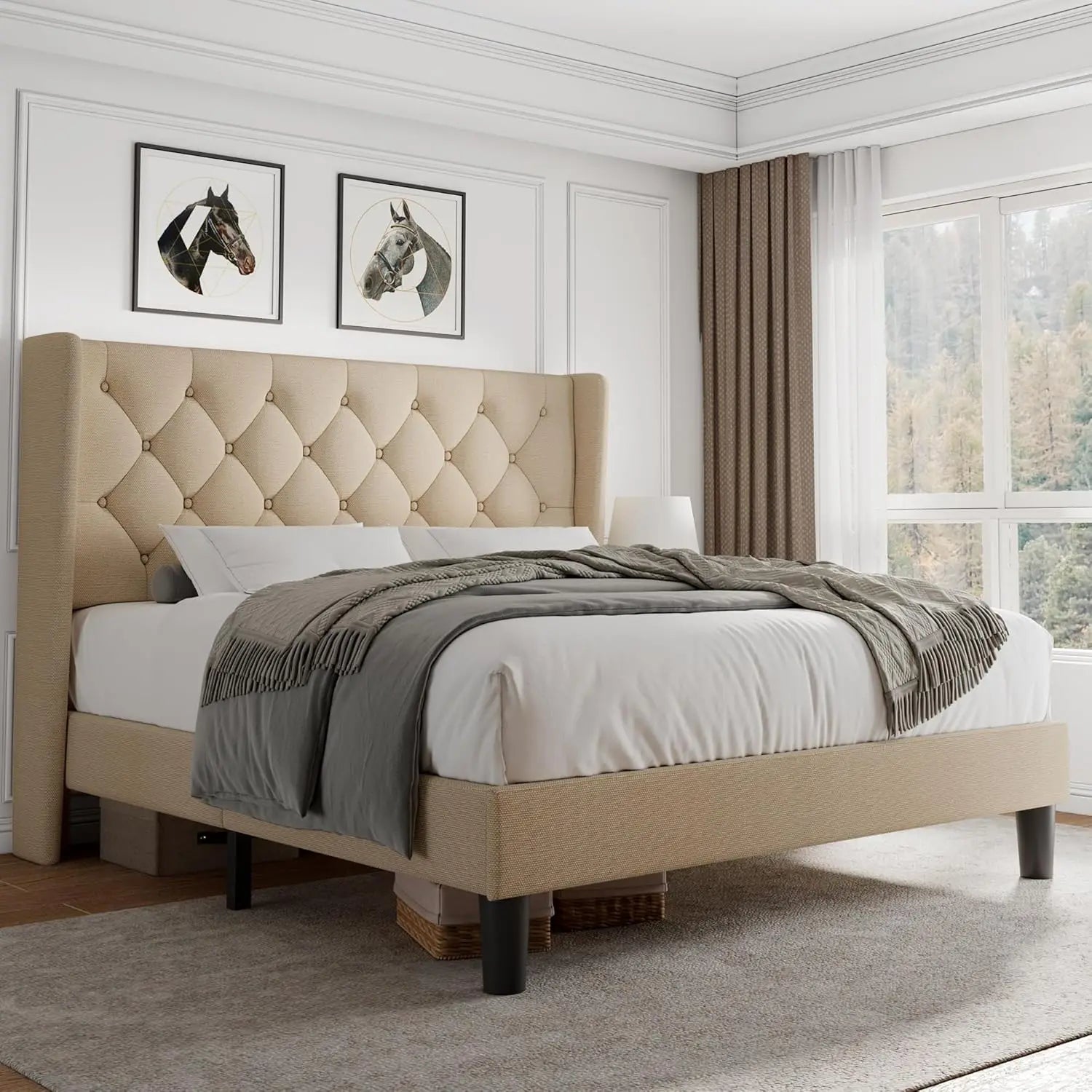Queen Velvet Platform Bed Button Tufted Upholstered Frame Wooden Slats 8" Underbed Storage No Box Spring Noise Free Easy Assembl