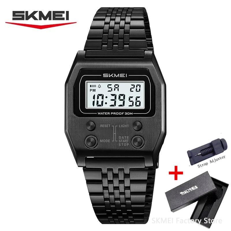SKMEI 2460 Mens Wristwatches Stainless Steel Sport Luxury Retro LED Electronic Waterproof Digital Watch for Men Reloj Hombre