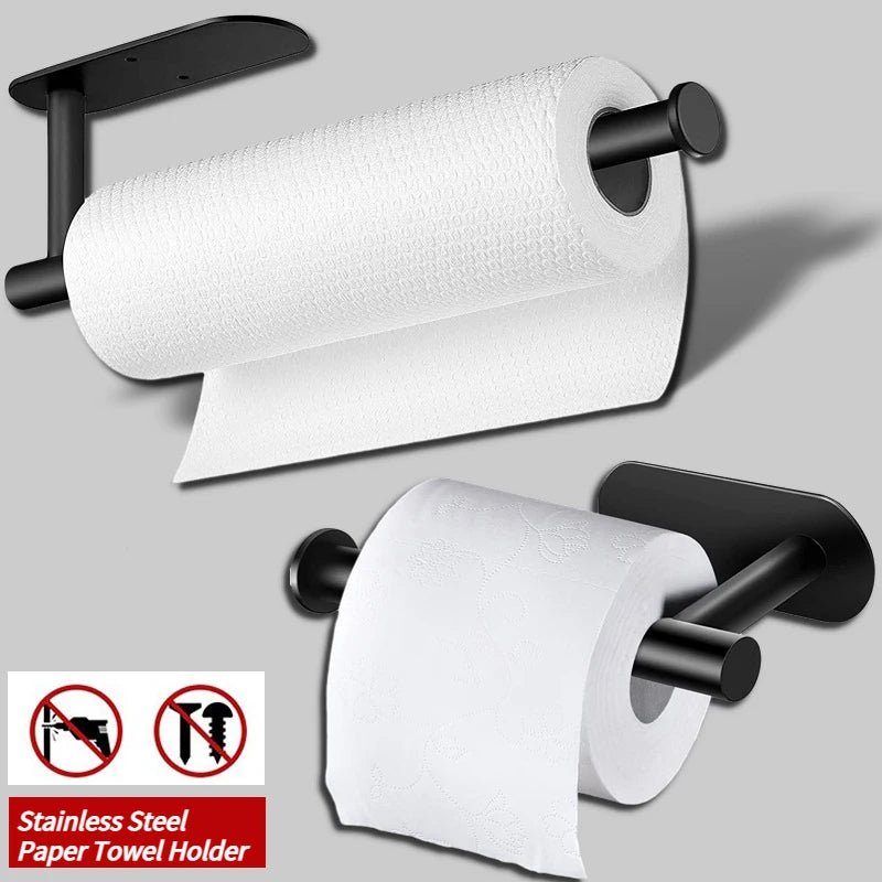 Stainless Steel Paper Towel Holder Self Adhesive Toilet Roll Paper Holder No Punching Kitchen Bathroom Lengthen Storage Rack