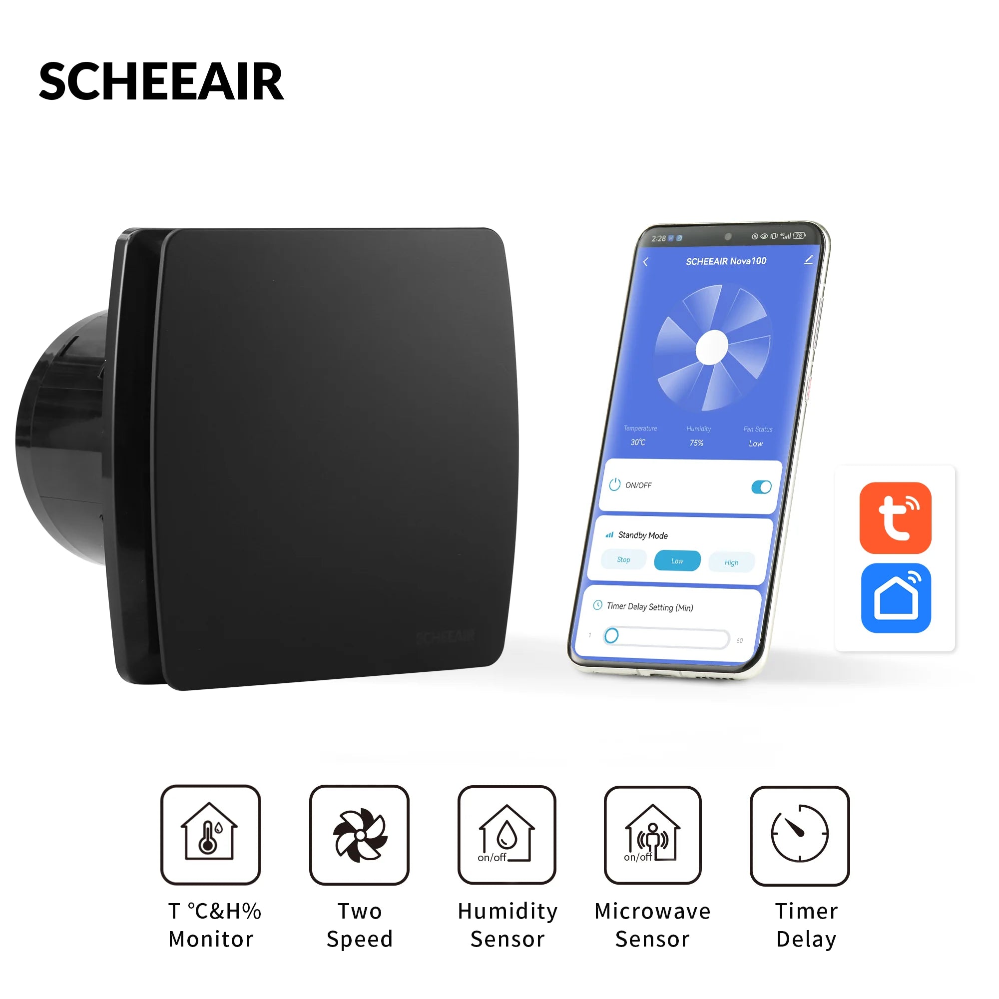 SCHEEAIR 100mm Smart Life  WIFI  Bathroom  Fan Nova100 with Humidity Sensor Motion Sensor Timer