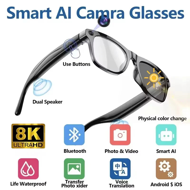 Lenovo Bluetooth 8K Smart AI Touch Glasses Camera With 800w Sport ChatGpt4.0 Sunglasses Calling Music Player For Men Women Gifts