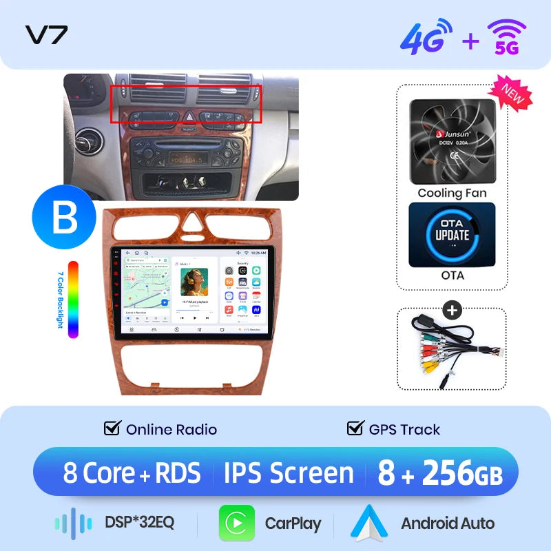 Junsun Wireless CarPlay Android Auto Car Radio For Mercedes-Benz C-Class (W203) / CLK-Class (C209/A209) 2000-2009 Built-in Cooling Fan Android GPS Navigation Multimedia Player WiFi DSP RDS BT SWC IPS Touch Screen Autoradio Vi
