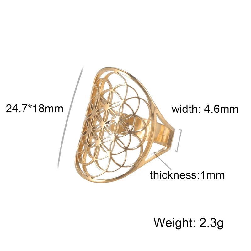 Stainless Steel Big Hollow Flower Of Life Ring Adjustable Sacred Geometry Rings For Women Men Jewelry