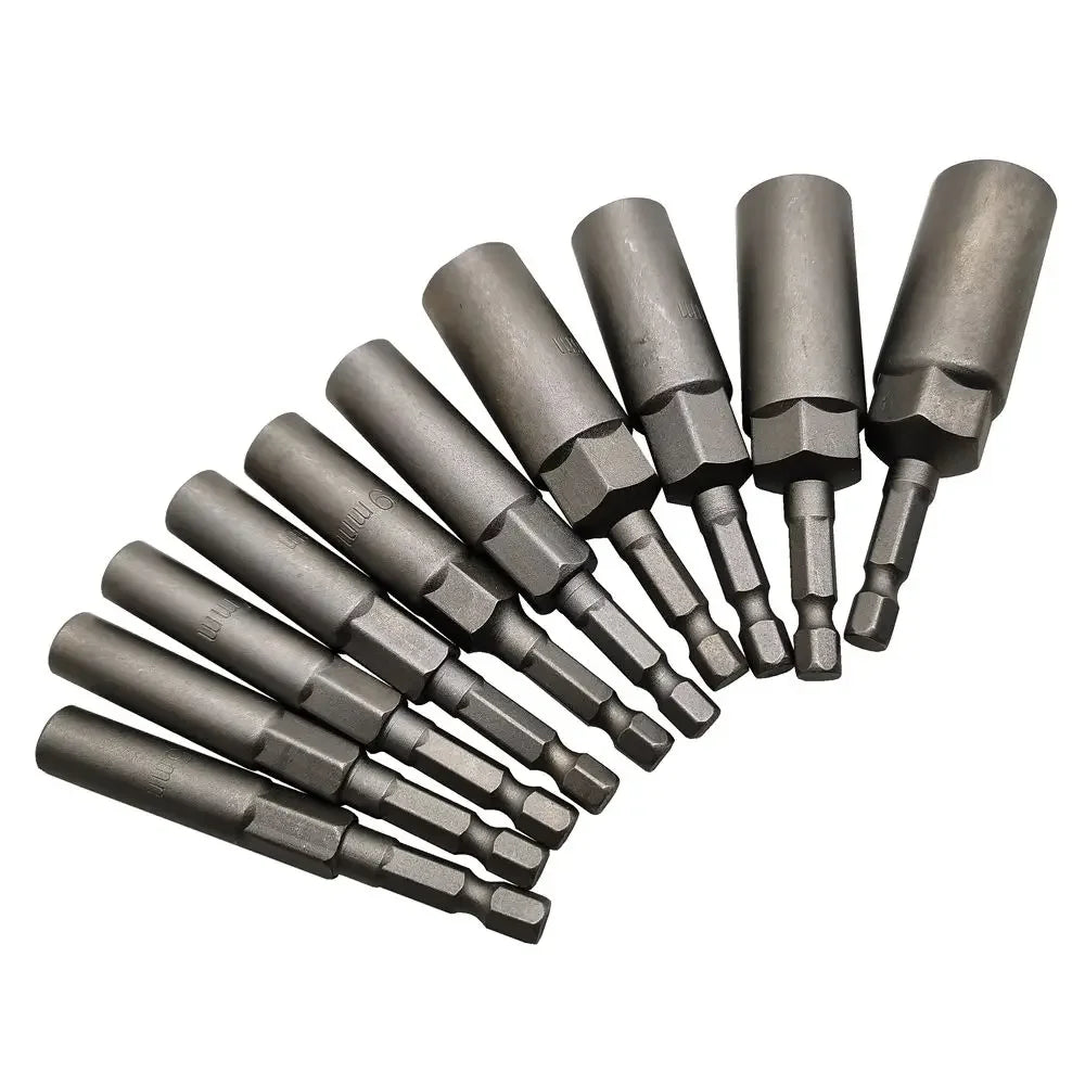 80mm Length Deepen Power Nut Driver Drill Bit Set 5.5-19MM Impact Socket Adapter For Power Tools 6.35MM Hex