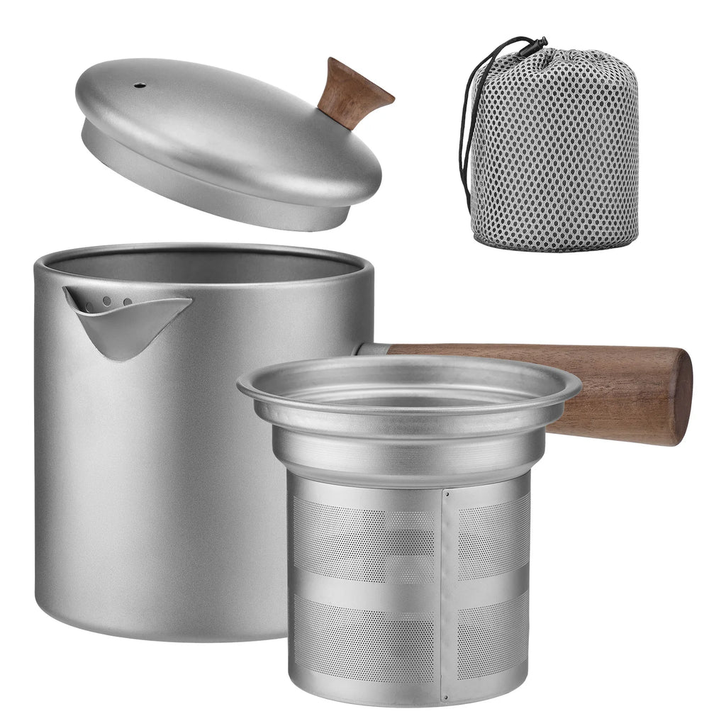 Tomshoo Titanium Kettles Wood Handle Titanium Teapot Portable Outdoor Camping Lightweight Coffee Pot With Fine Mesh Filter