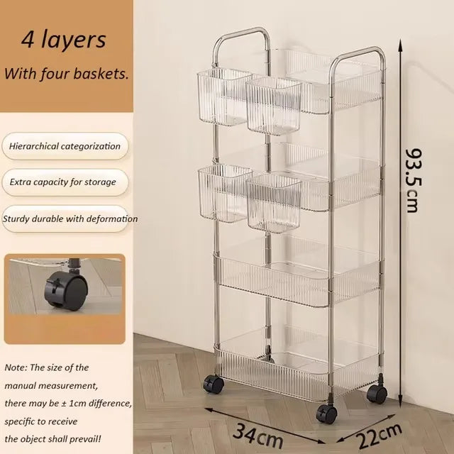 Multi-Layers Transparent Storage Rack with Wheels, Home Trolley Cart Suitable for Snacks Cosmetic Sundries and Kitchen Organizer
