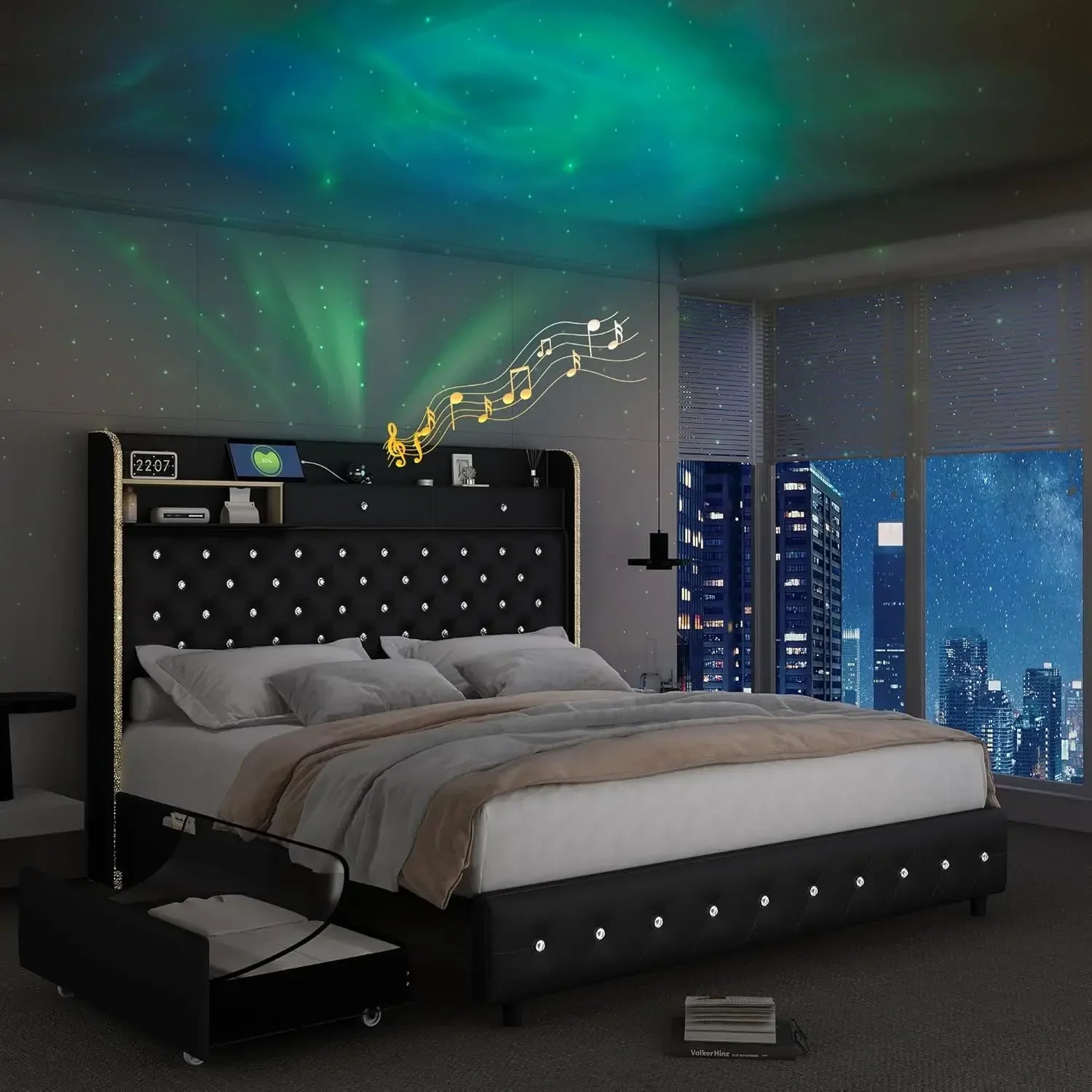 LED Bed Frame with Galaxy Aurora Star Projector and Charging Station, Platform Beds with 52" Diamond Upholstered Customized