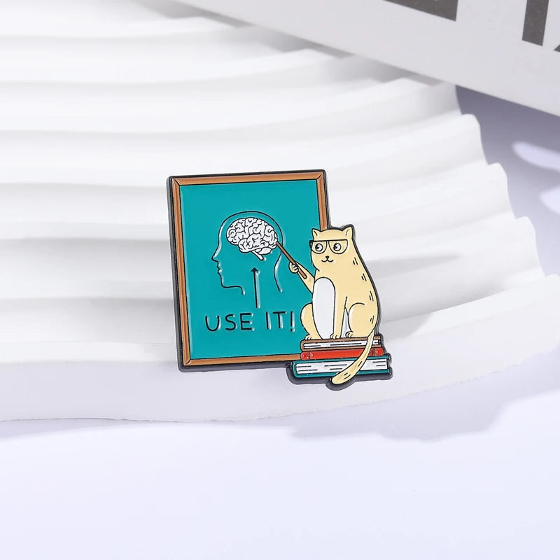 Cute Cat Teacher Brooch Enamel Pin Cat Teaching Use It Brain Encourage Thinking Brooches Clothes Lapel Badge Animal Jewelry Gift