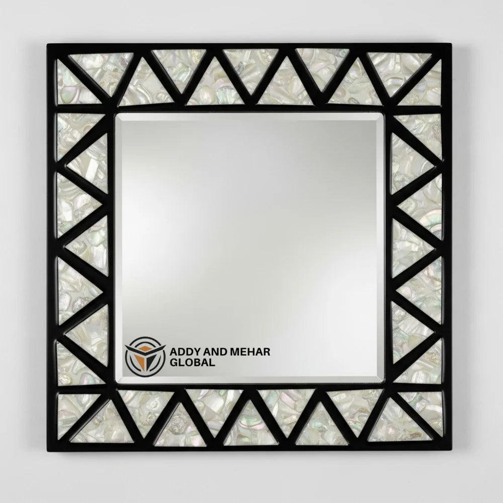 Luxury Square Mother of Pearl Inlay Art Deco Eco-Friendly Handmade Wall Mirror with Black Geometric Frame for Wedding Decor