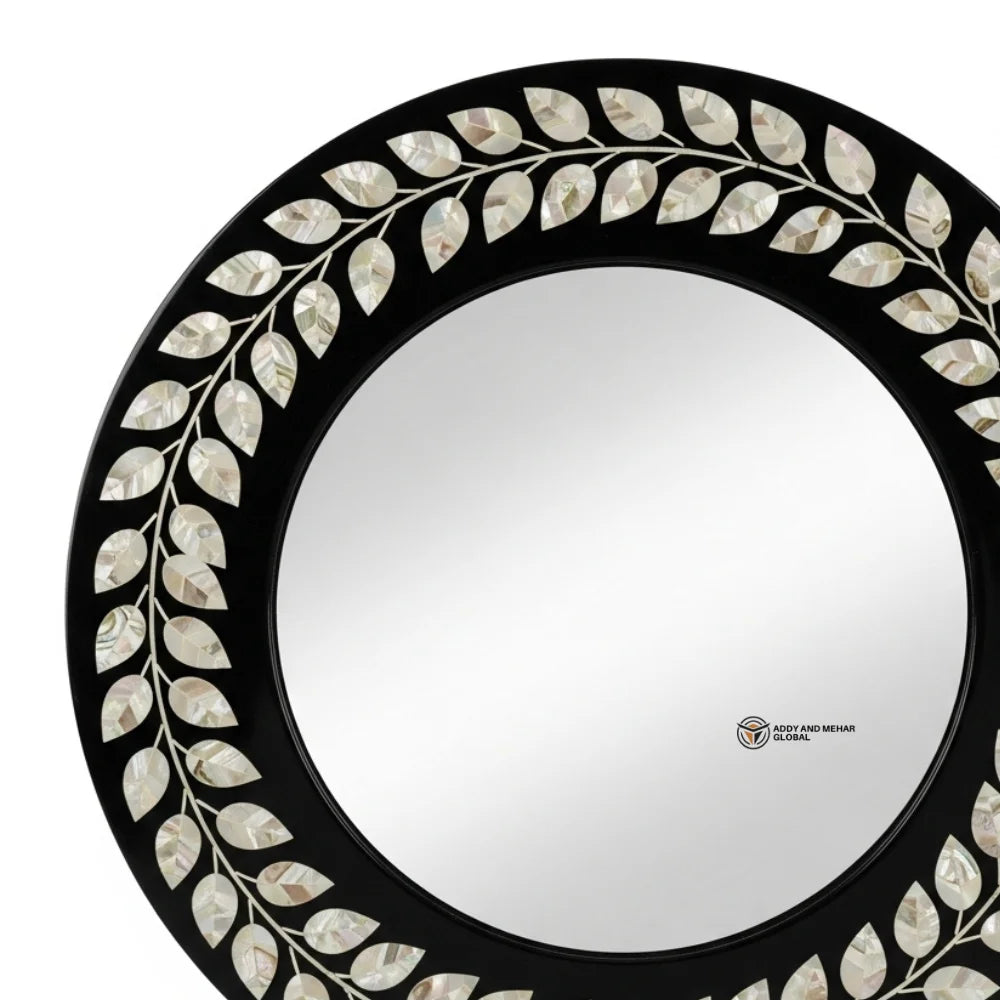 Elegant Square Art Deco Eco-Friendly Framed Accent Mirror Hand-Set Shell Leaf Motifs Contemporary Black Finish for Wedding Decor