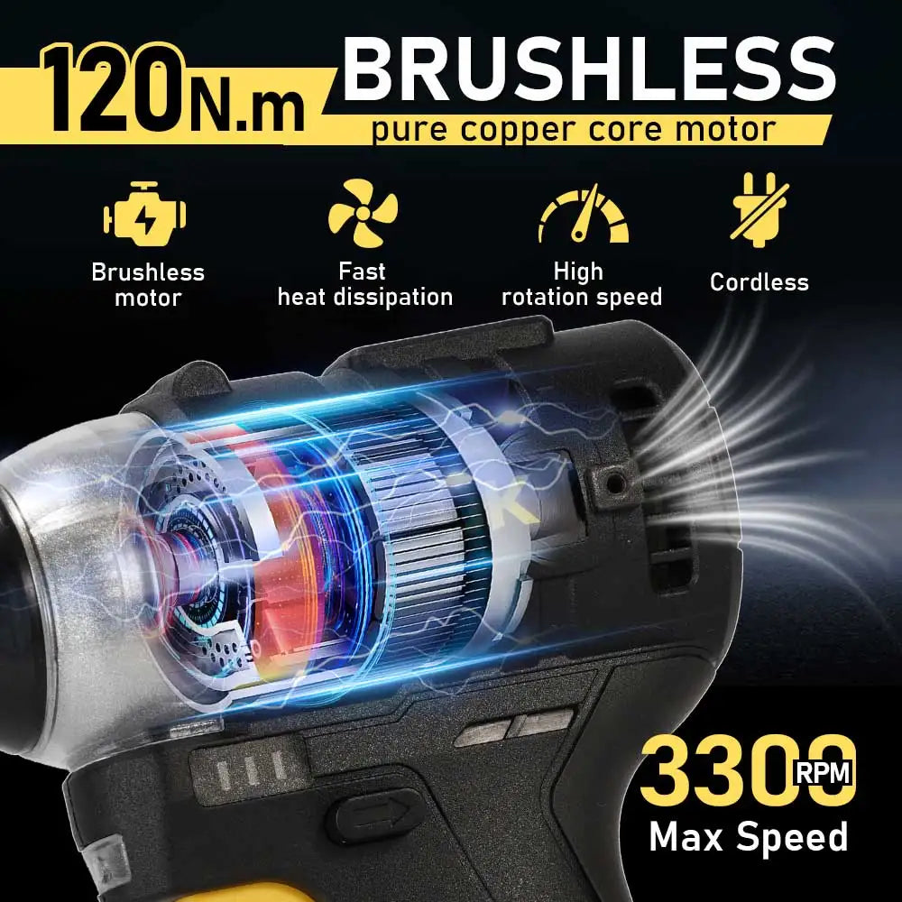 SUNOK10.8V Brushless Electric Screwdriver 1/4 Inch 120N. M Multifunctional Handheld Impact Power Tool for Makita Lithium Battery