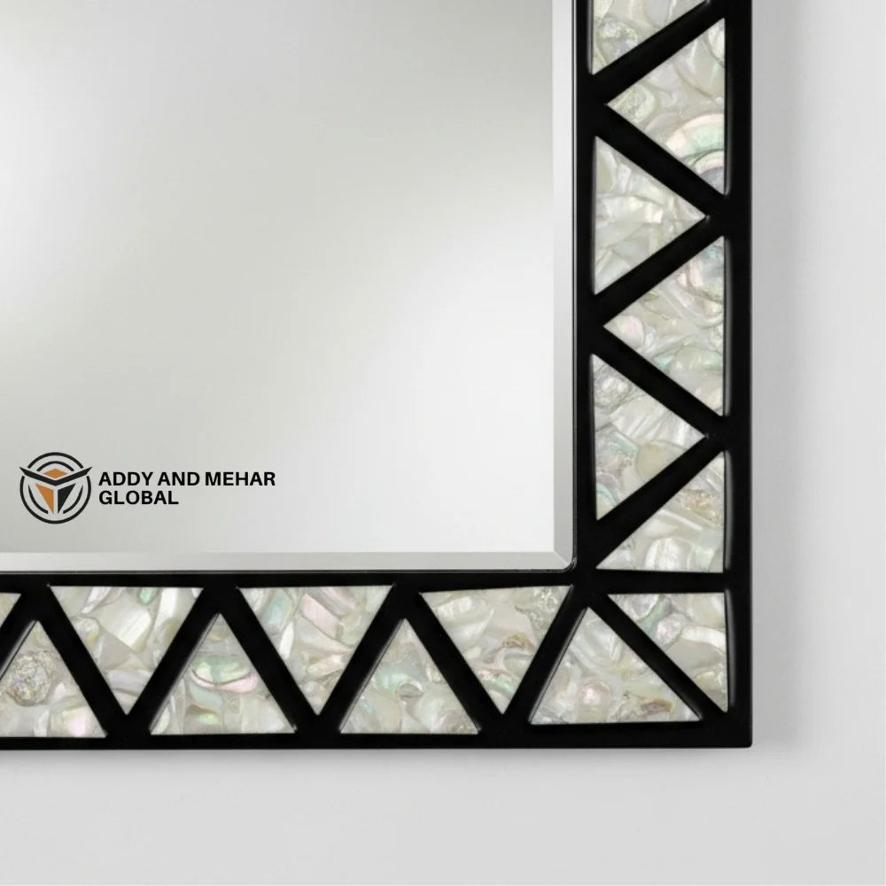 Luxury Square Mother of Pearl Inlay Art Deco Eco-Friendly Handmade Wall Mirror with Black Geometric Frame for Wedding Decor