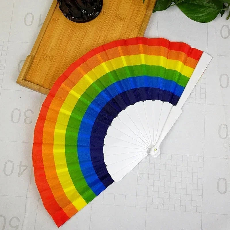 Plastic Hand Crank Fan Foldable Oriental Style Rainbow Silk Fabric Pocket Hand Fans Party Fovor Personality Dance Fan Gifts