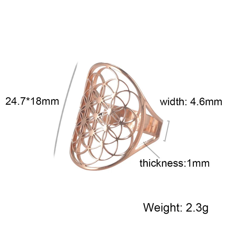 Stainless Steel Big Hollow Flower Of Life Ring Adjustable Sacred Geometry Rings For Women Men Jewelry