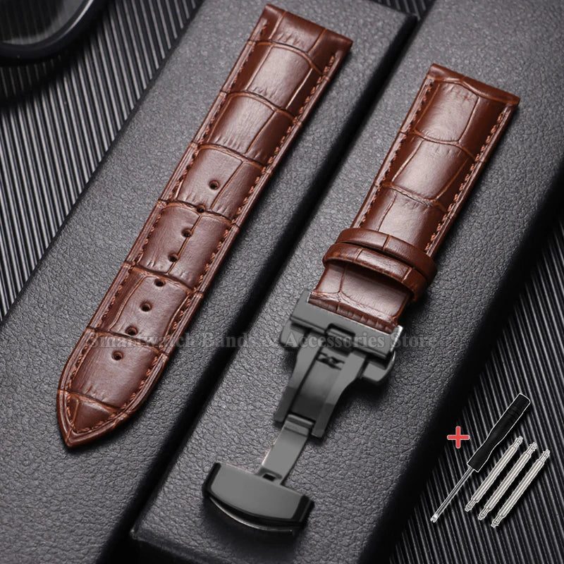 10/12/14/15/16/17/18/19/20/21/22/23/24mm Cowhide Leather Watch Strap Waterproof Sport Wrist Band Metal Butterfly Buckle Bracelet