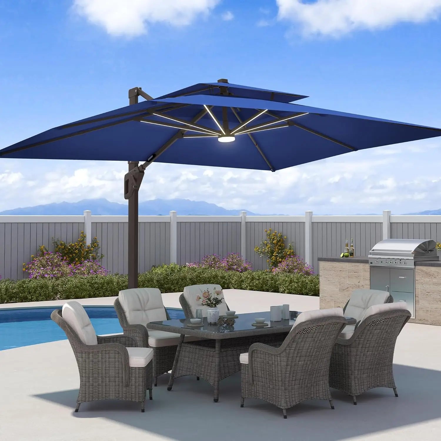 9x12 FT Patio Umbrella with LED Lights Cantilever Outdoor Large Heavy Duty Rectangle Aluminum Offset Umbrellas, Customized