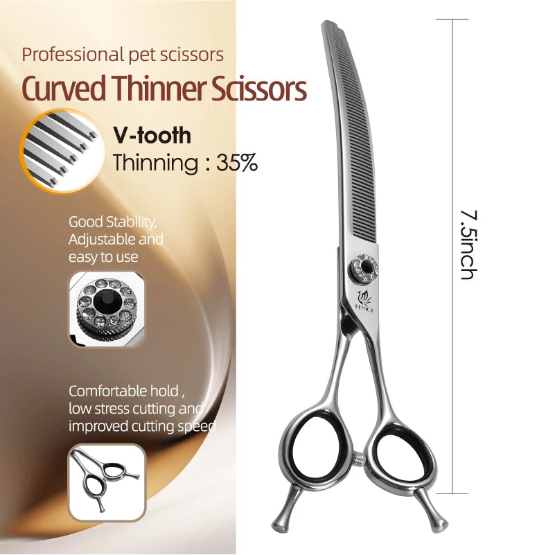 Fenice CIQ Professional 7.0/7.5 Inch JP440C Dog Grooming Scissors Curved Chunker /Thinning Scissors for Dogs Cats and Other Pets